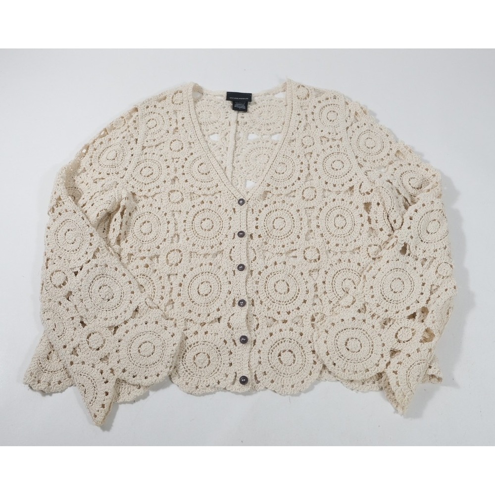 Liv Los Angeles Cardigan Womens L Cream SB1826 Crochet Knit Medallion Boho Top